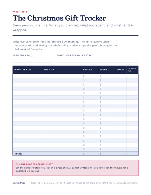 The Christmas Gift Tracker, page one