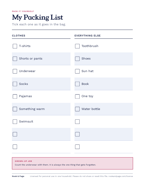 Kids Packing List, page one