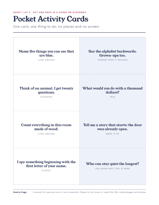 Pocket Activity Cards, page one
