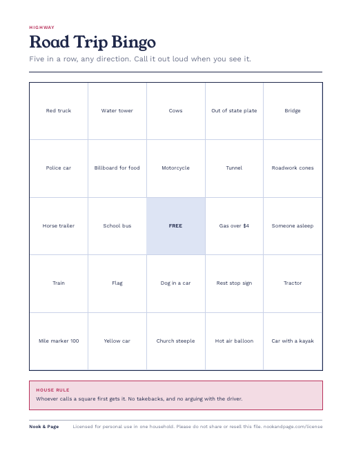 Road Trip Bingo, page one
