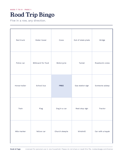 Road Trip Activity Pack, page one
