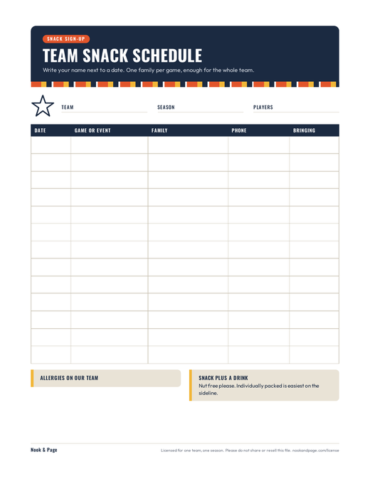 Team Snack Schedule, page one