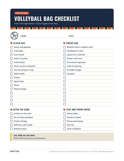 Sports Bag Packing Lists, page one