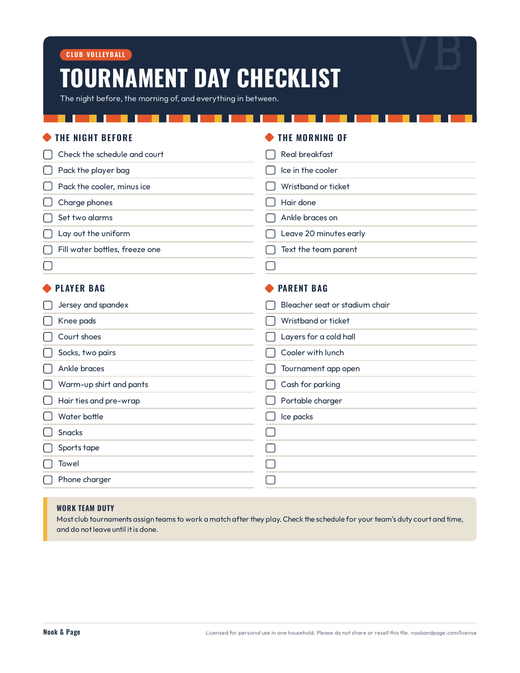 Volleyball Tournament Day Checklist, page one
