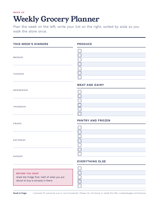 Weekly Grocery Planner, page one